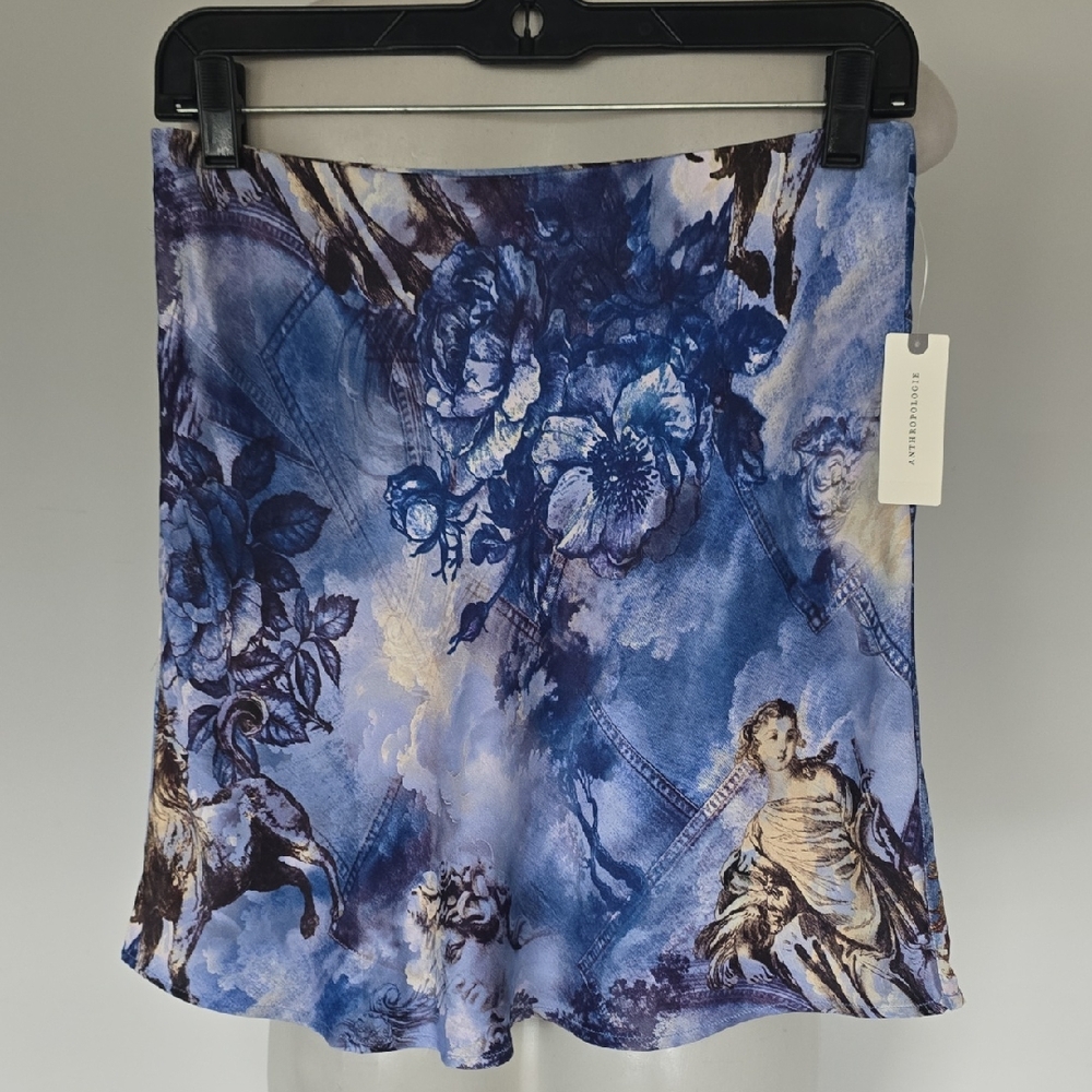 Anthropologie blue a-line pull on skirt fancy floral print -S